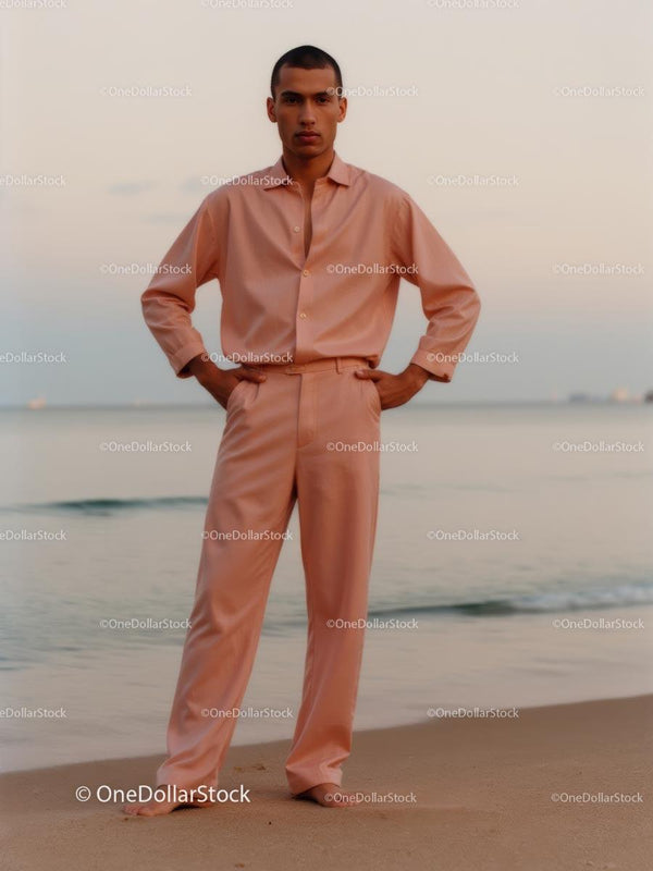 Fashionable Male Model Posing on a Tranquil Beach