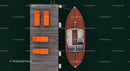Luxury Yacht Docked Beside Orange Lounge Chairs on Wooden Pier