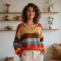 Smiling Woman in Cozy Beige Cardigan at Home
