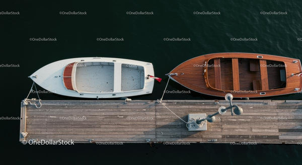Wooden and White Boats Docked at a Marina Aerial View