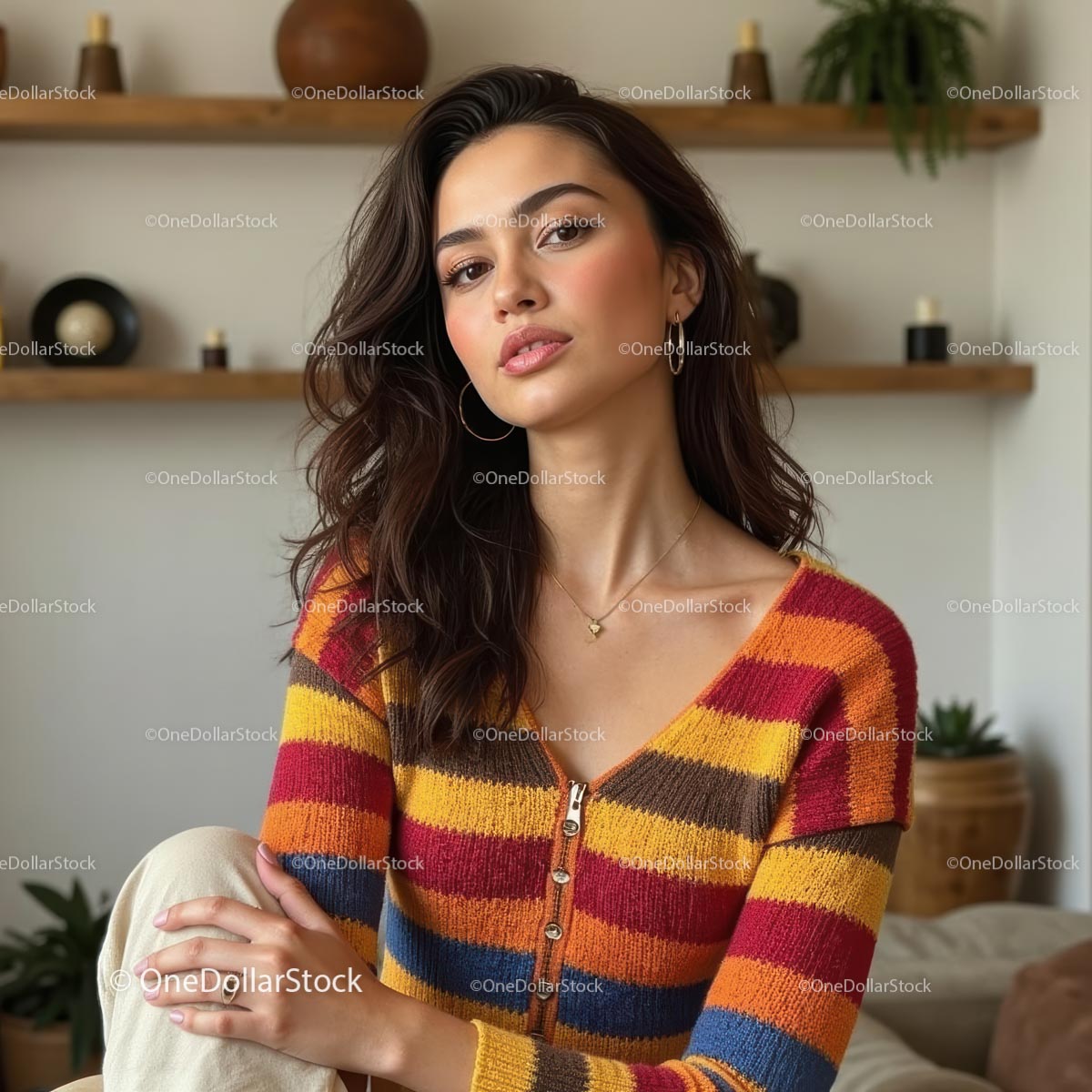 Smiling Woman in Cozy Beige Cardigan at Home