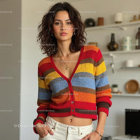 Smiling Woman in Cozy Beige Cardigan at Home