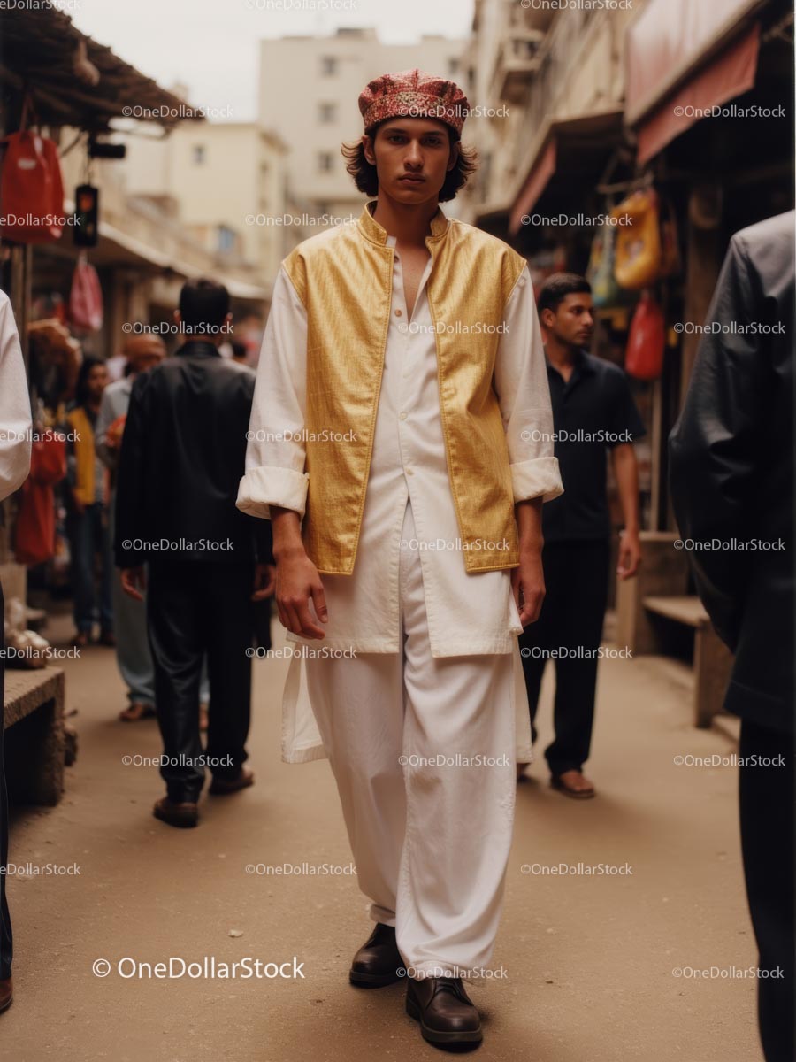 Man in Traditional Attire Walking Through Bustling Market Street