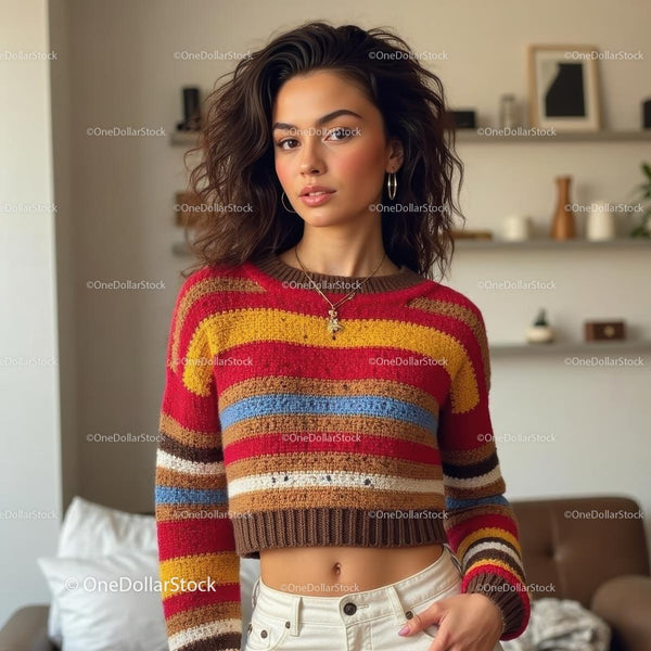 Young Woman in Cozy Striped Sweater at Home