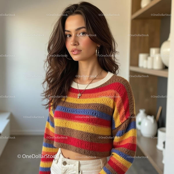 Portrait of Stylish Woman in Vibrant Striped Sweater Indoors