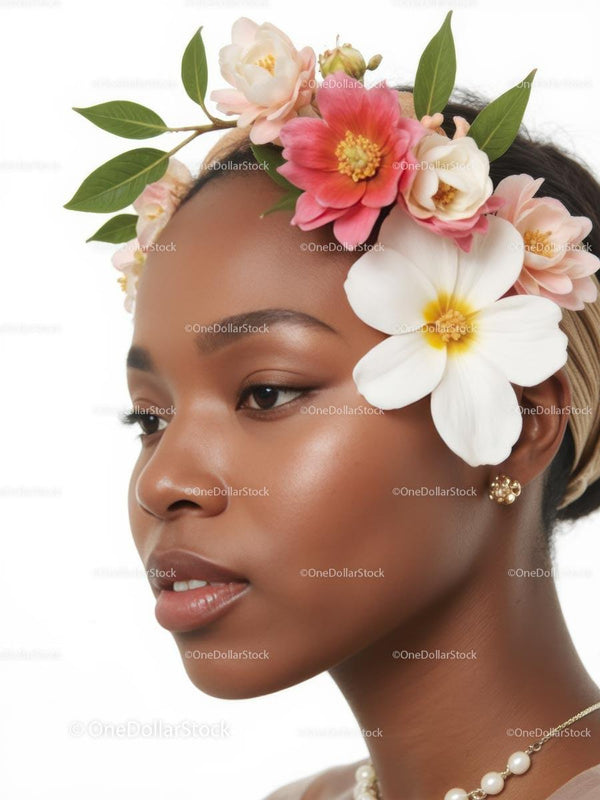 Elegant Woman with Floral Headpiece and Delicate Blossoms