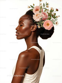 Woman with Elegant Floral Hairpiece in Serene Profile