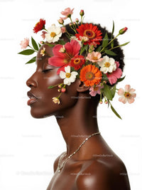 Vibrant Floral Headpiece on Serene Woman in Profile