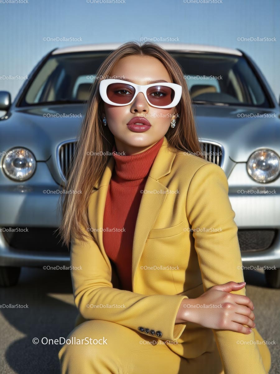 Pewna siebie kobieta w żółtym garniturze z okularami przeciwsłonecznymi od Luxury Car