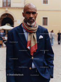 Confident Man in Dark Suit with Stylish Scarf