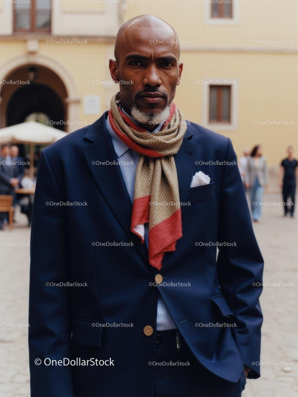 Confident Man in Dark Suit with Stylish Scarf