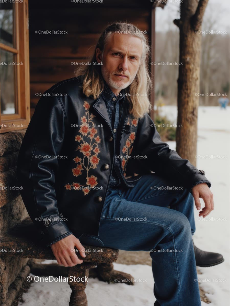 Man in Embroidered Leather Jacket at Rustic Cabin