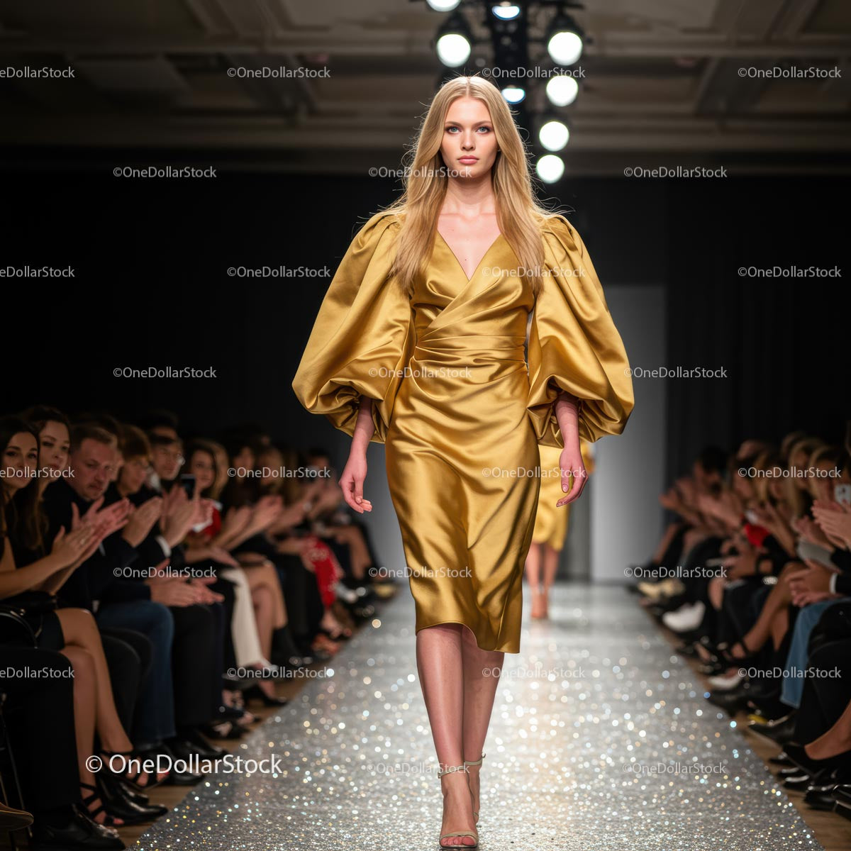 Model in a Golden Dress Walking on Fashion Show Runway