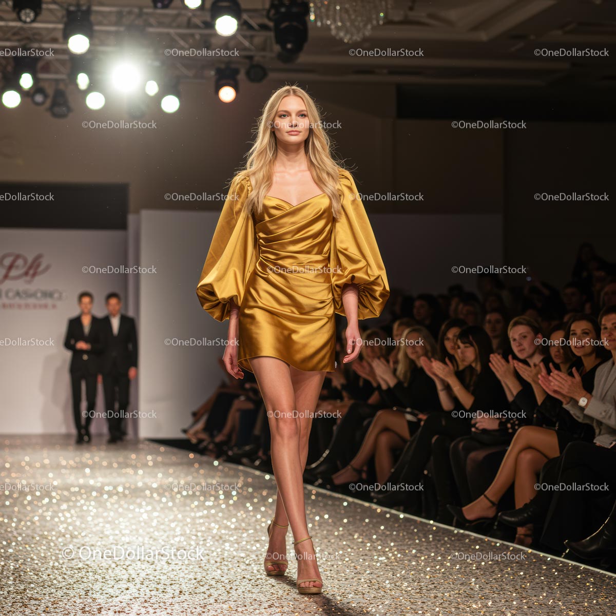 Model in Gold Dress on a Glamorous Fashion Runway