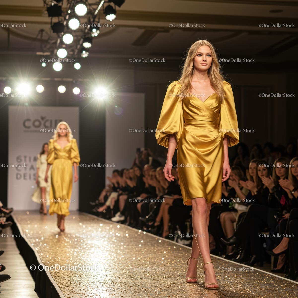 Glamorous Runway Fashion Show with Models in Golden Dresses
