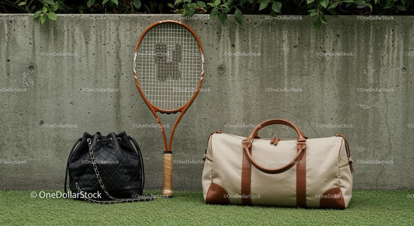 Tennis Racket and Leather Bags Against Concrete Wall