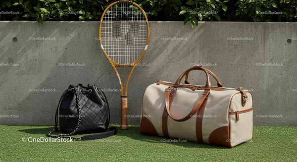 Tennis Racket and Stylish Bags on Green Lawn