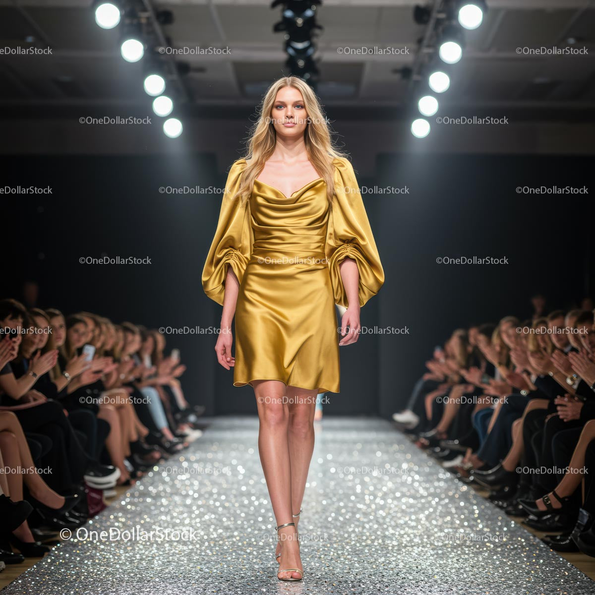 Model in Glamorous Gold Dress on Fashion Runway