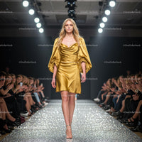 Model in Glamorous Gold Dress on Fashion Runway