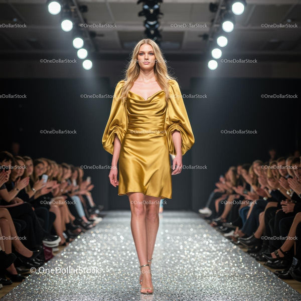 Model in Glamorous Gold Dress on Fashion Runway