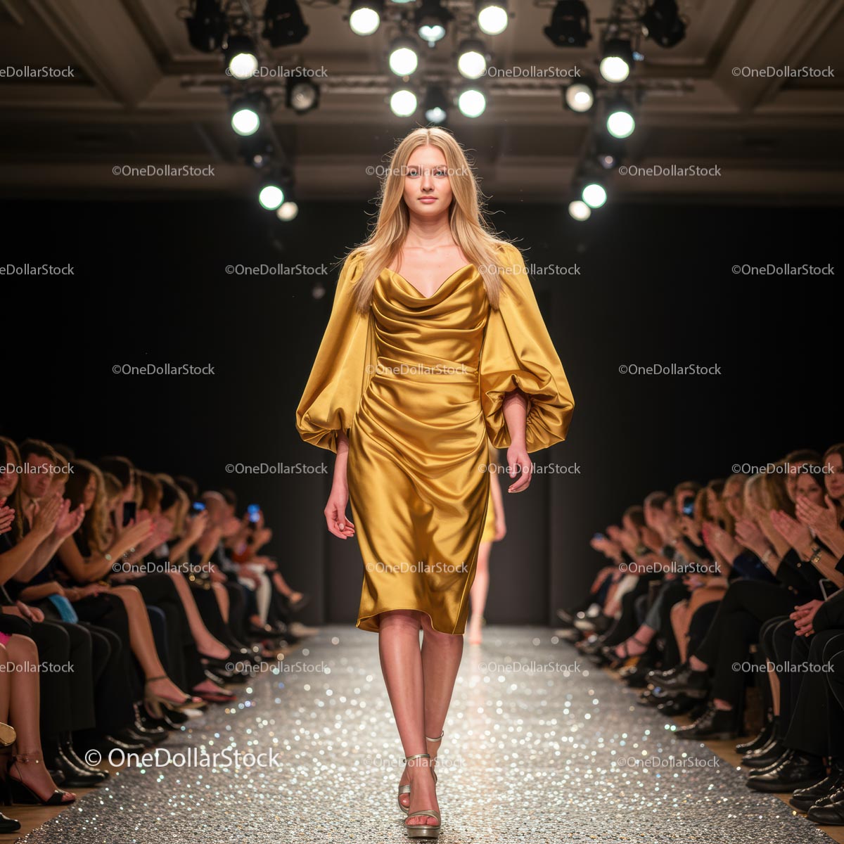 Model in Golden Gown on Fashion Show Runway