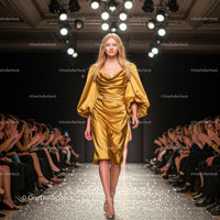 Model in Golden Gown on Fashion Show Runway
