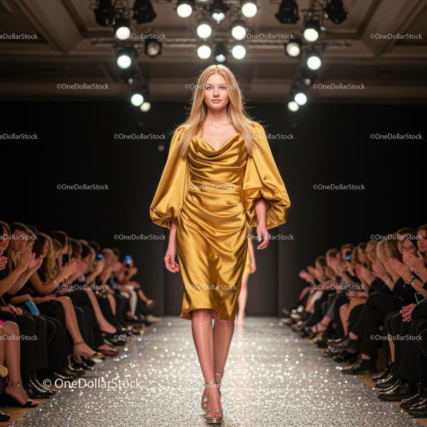 Model in Golden Gown on Fashion Show Runway