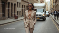 Confident Woman in Beige Suit Walking in Urban Streets