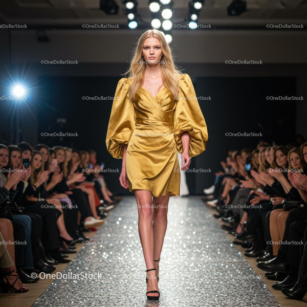 Runway Model in Glamorous Golden Dress on Catwalk