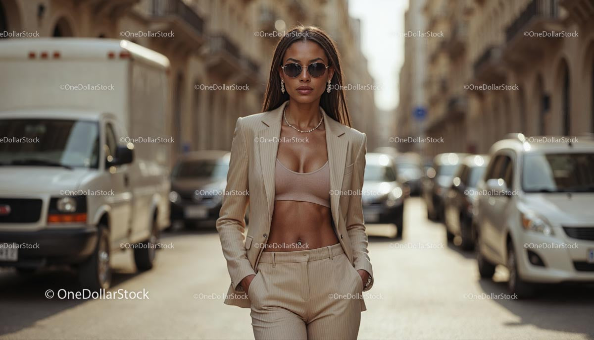 Stylowa kobieta pewnie spaceruje ruchliwą ulicą miasta
