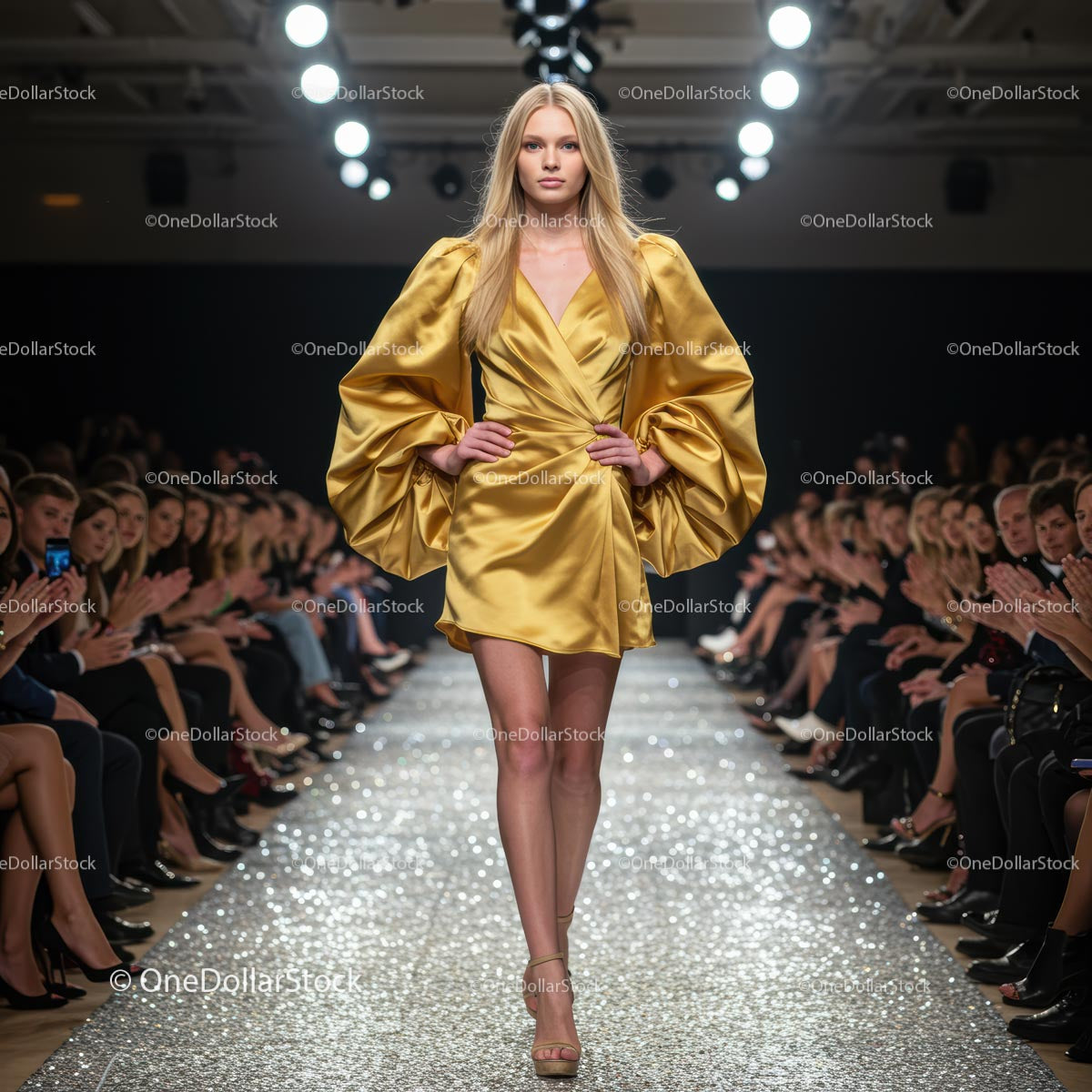 Modelka na wybiegu błyszczy w eleganckiej żółtej sukience
