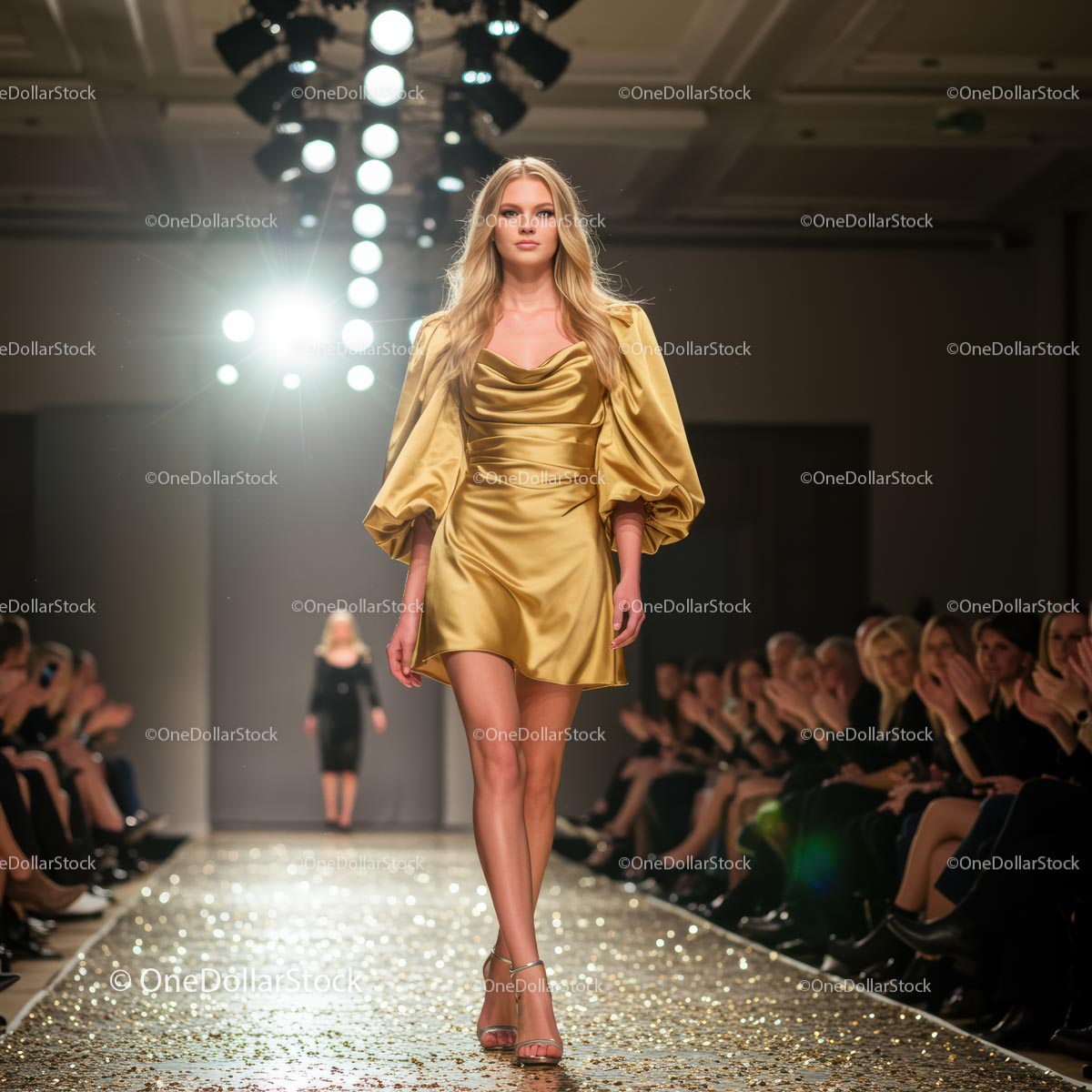 Fashion Model in Elegant Golden Dress on Runway