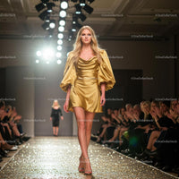 Fashion Model in Elegant Golden Dress on Runway