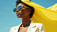 Confident Woman in Sunglasses with Yellow Scarf Against Blue Sky