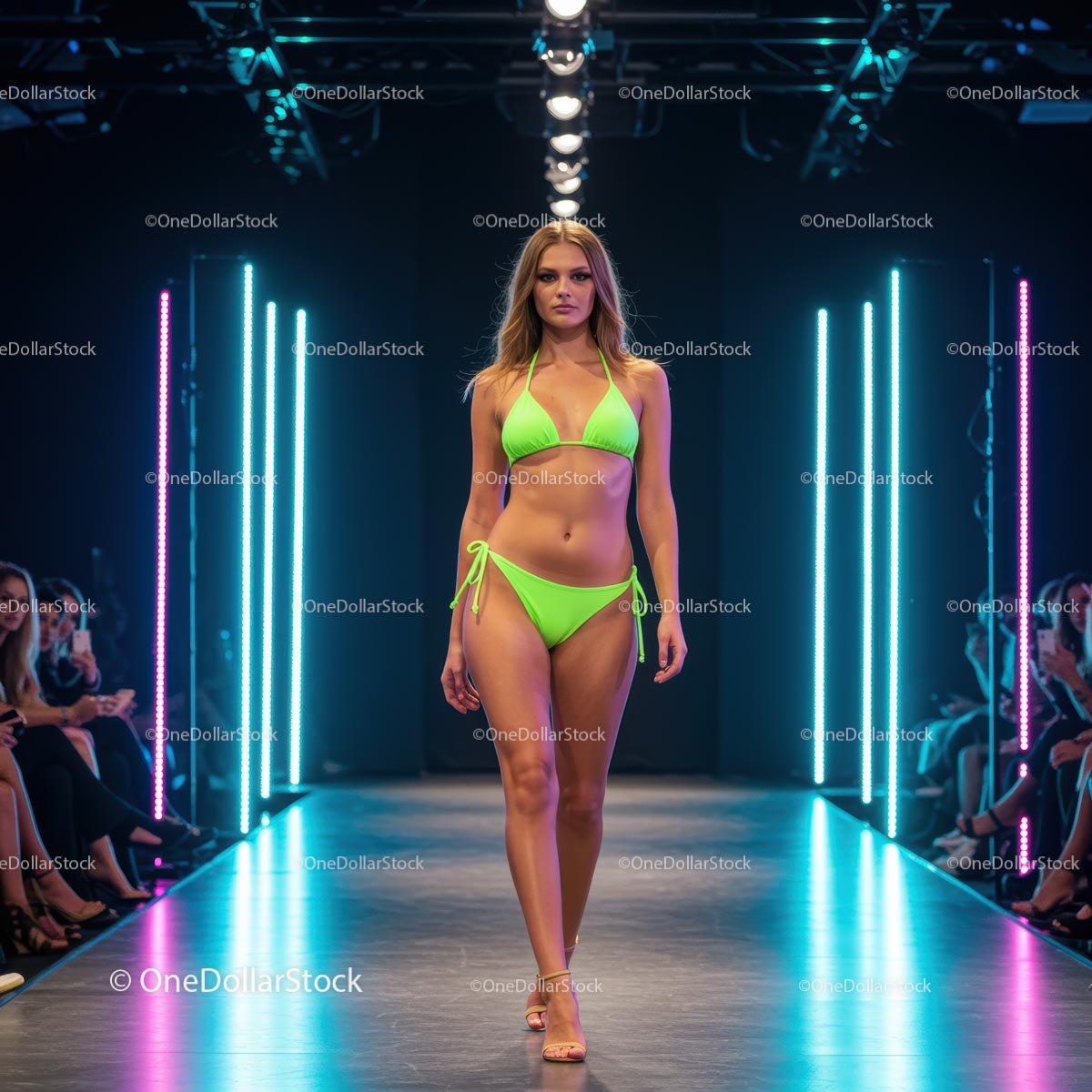 Modelka w neonowo-zielonym bikini na pokazie mody