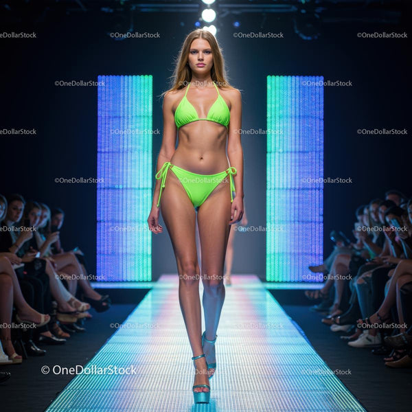 Runway Model in Vibrant Green Bikini at Fashion Show