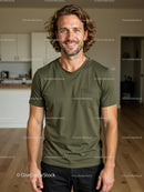 Smiling Man in Green T-Shirt at Modern Home Interior