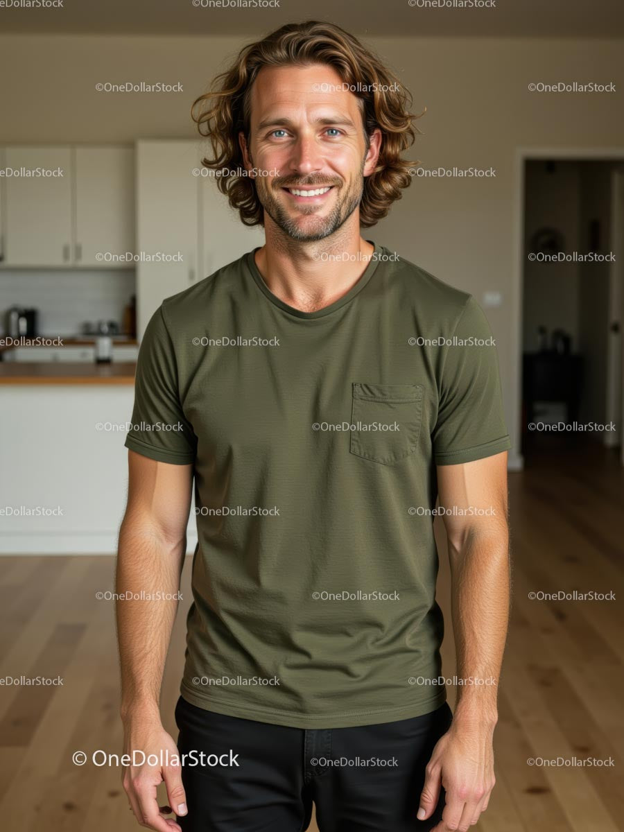 Smiling Man in Green T-Shirt at Modern Home Interior