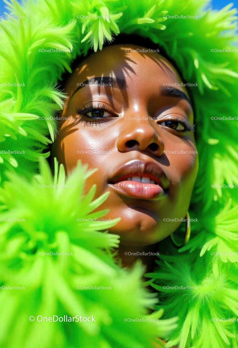 Vibrant Portrait with Green Feather Accents