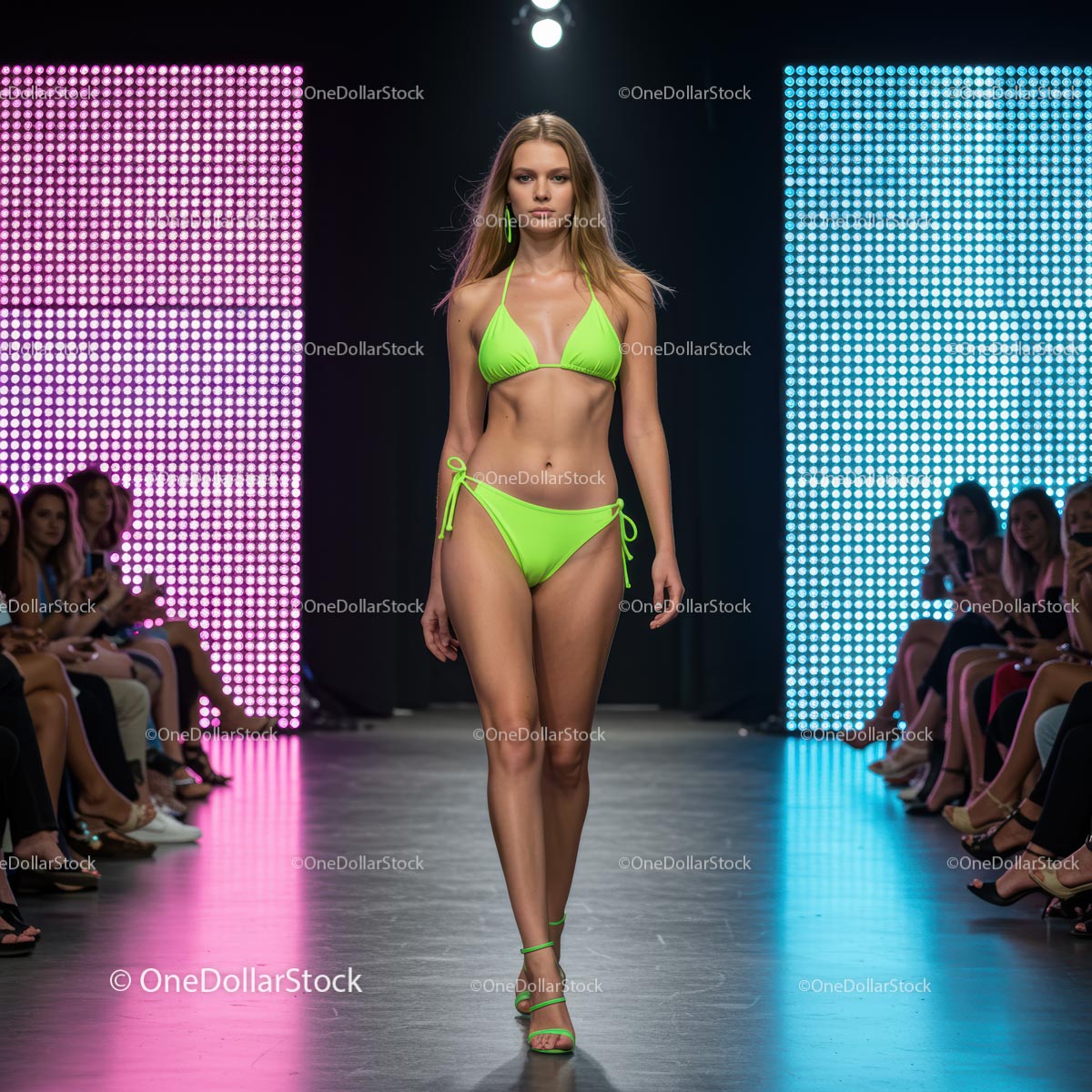 Model in Neon Green Bikini Struts Down Fashion Runway