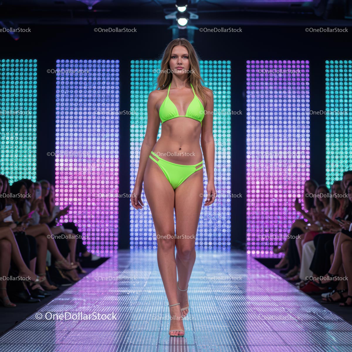 Modelka na wybiegu w neonowo-zielonym bikini na pokazie mody