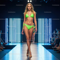Runway Model in Green Bikini Walking Fashion Show