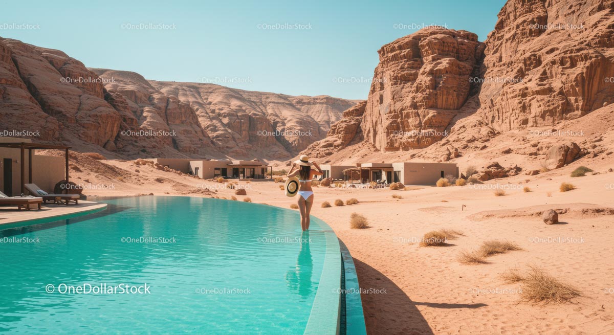 Woman Relaxing by Poolside at Luxurious Desert Resort