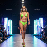 Model in Green Bikini on Fashion Show Runway