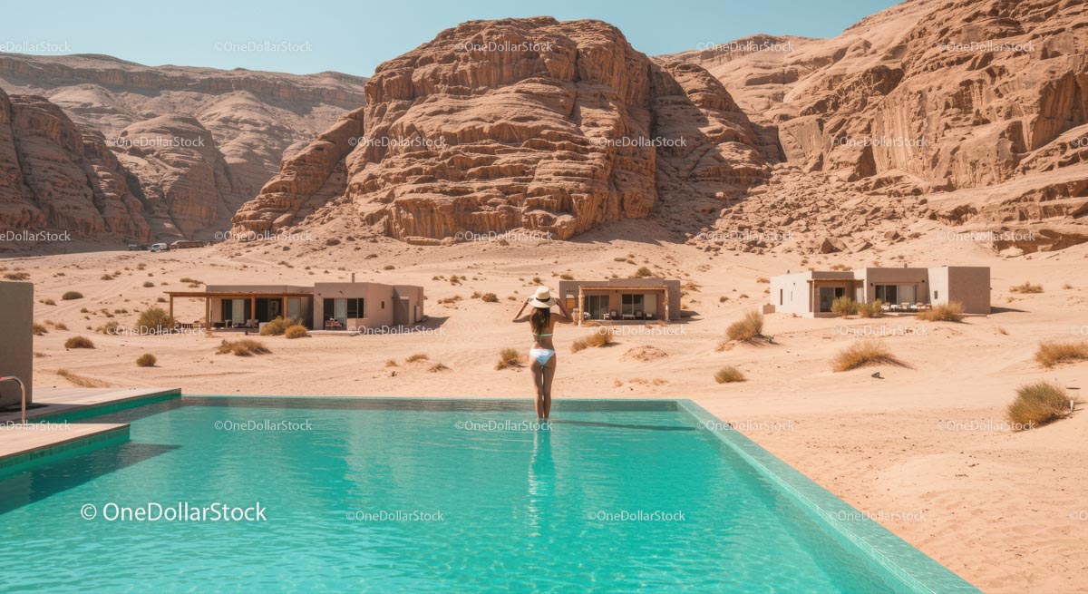 Kobieta przy basenie bez krawędzi w luksusowym ośrodku Desert Resort