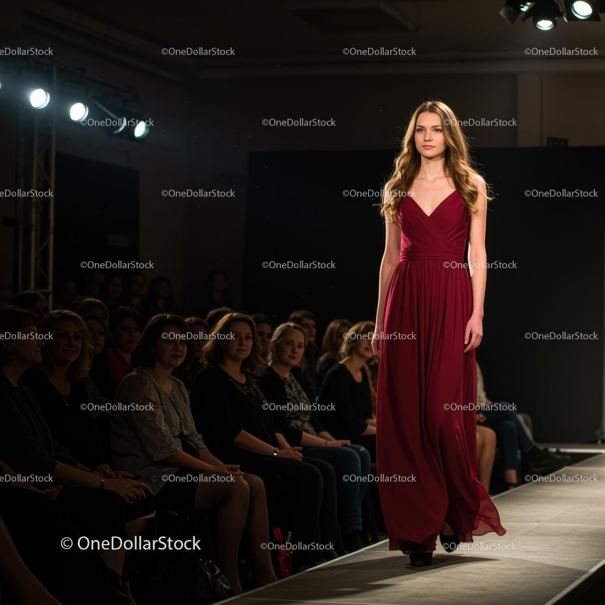 Modelka w bordowej sukni na wybiegu z publicznością