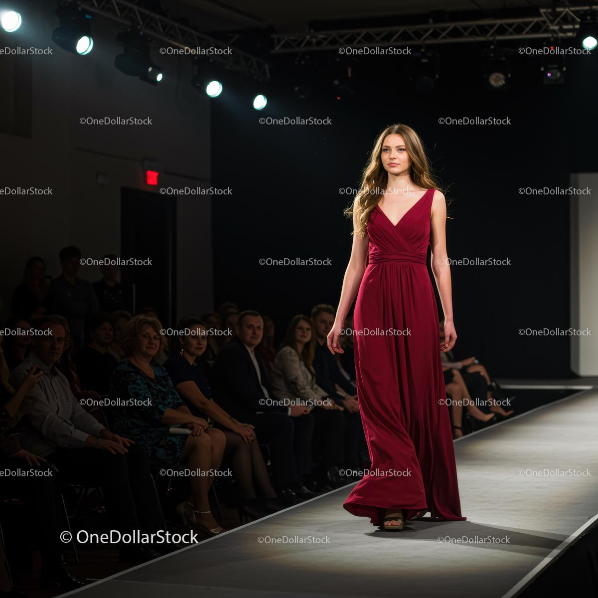 Elegant Fashion Show with Model in Red Evening Gown