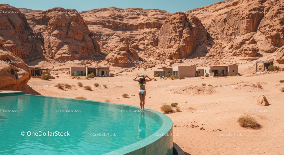 Kobieta relaksująca się przy basenie bez krawędzi w ośrodku Desert Resort
