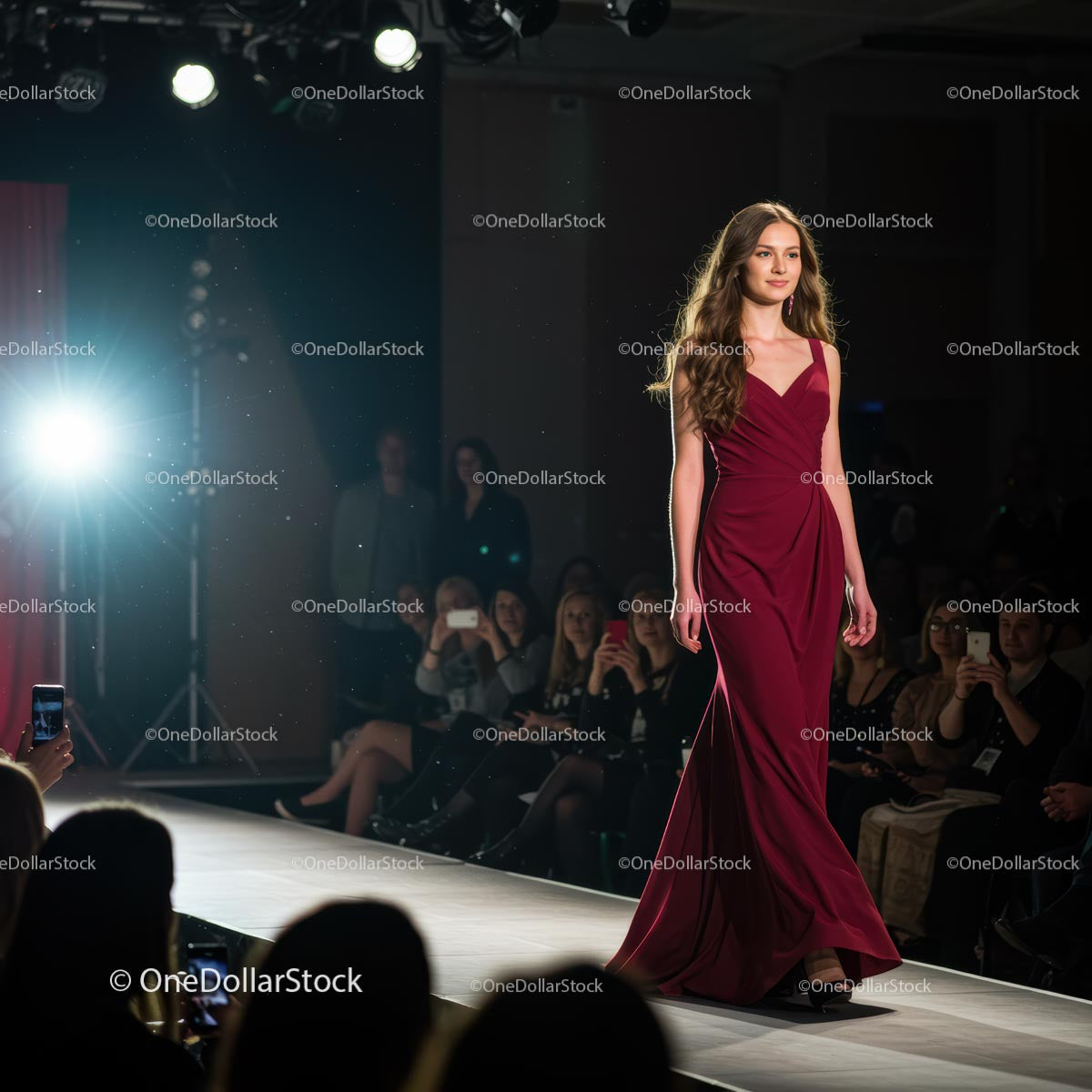 Elegancka modelka na wybiegu w oszałamiającej czerwonej sukni wieczorowej