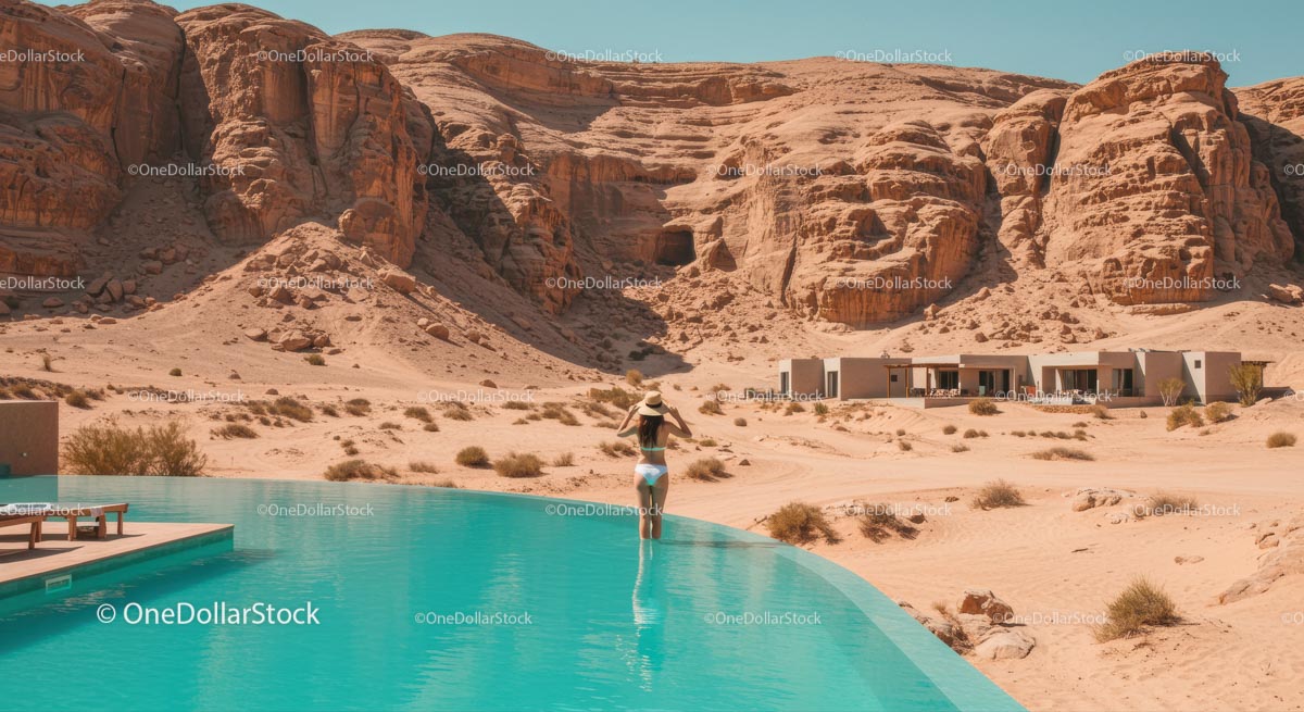 Woman Relaxing by the Infinity Pool in Desert Resort